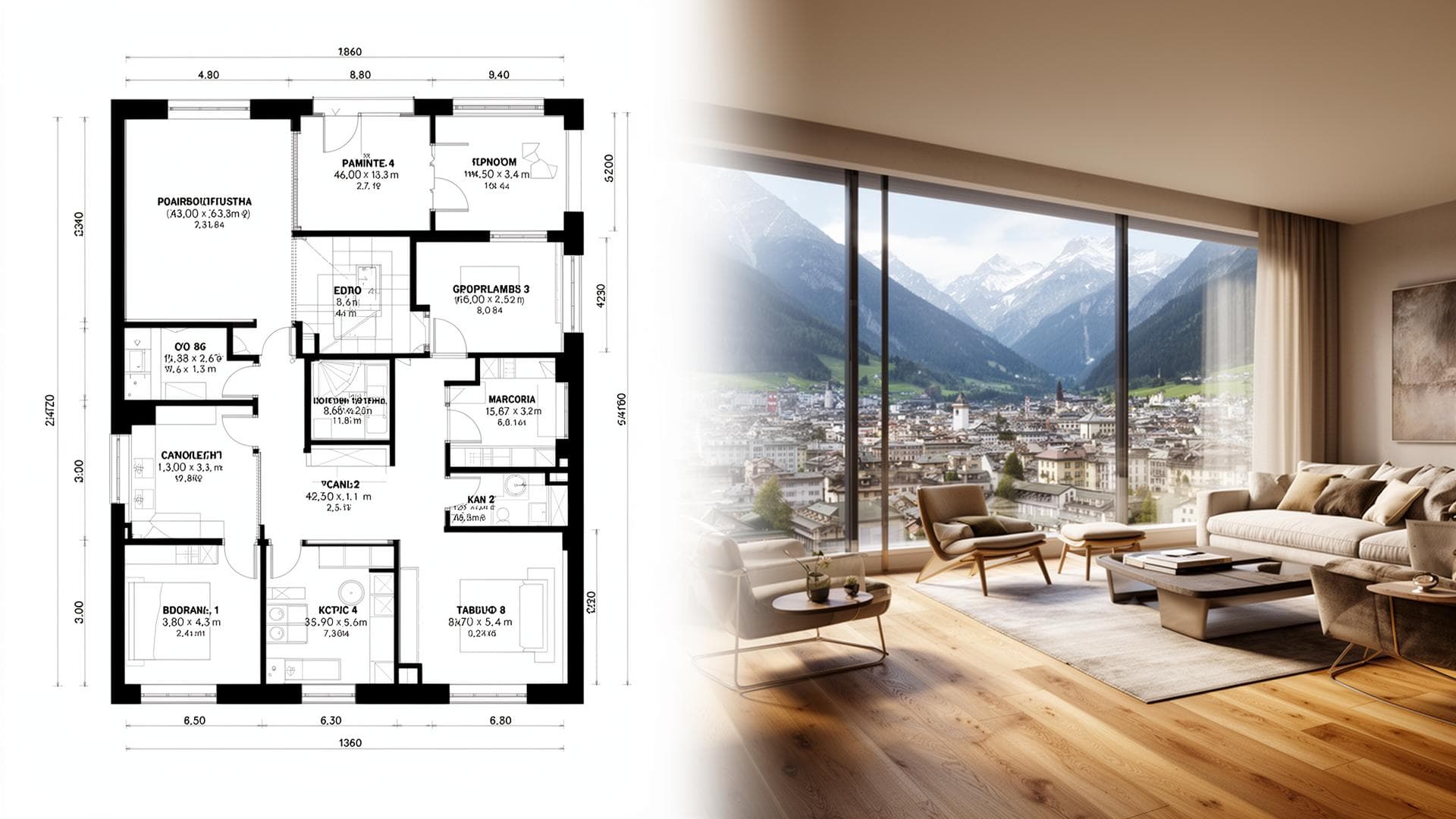 Ein 2D-Grundriss verwandelt sich in ein fotorealistisches Innenraum-Rendering